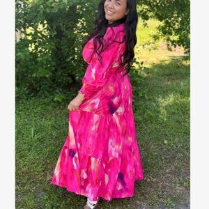 Vibrant Pink Maxi Dress Empire Waist Party Church Dress